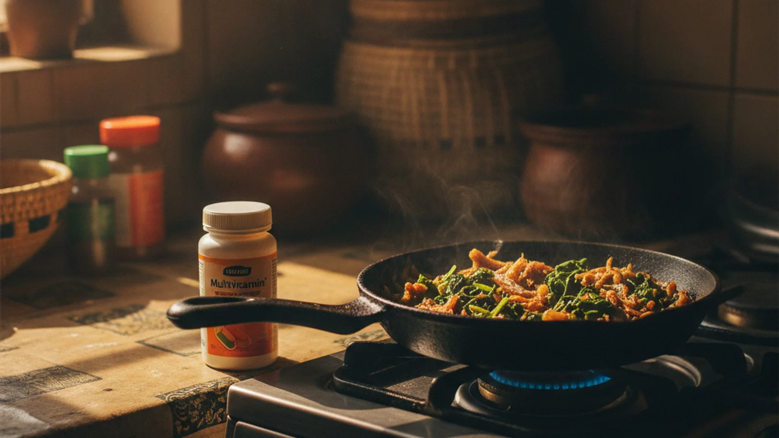 A small pan of omena and sukuma wiki cooking together, with a multivitamin bottle beside it for comparison