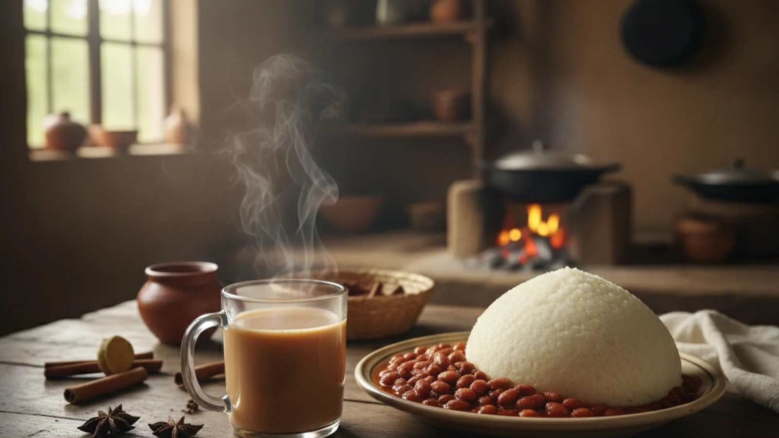 A glass of Kenyan chai steaming next to a plate of beans and ugali on a wooden table