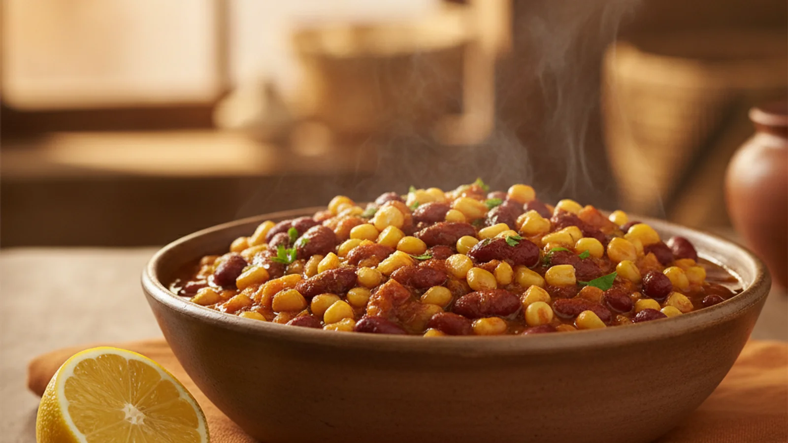 A bowl of githeri with visible maize kernels and beans, next to a wedge of lemon