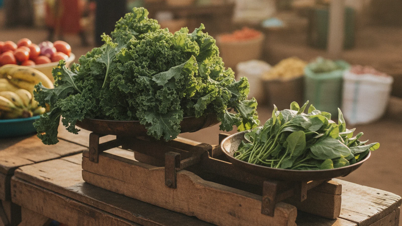 A bunch of fresh sukuma wiki leaves next to a smaller bunch of spinach on a market scale